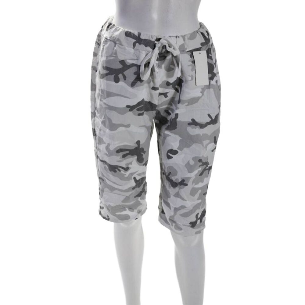 MODA Womens Elastic Waistband Drawstring Cuff Bottom Camo Print Shorts Gray Size